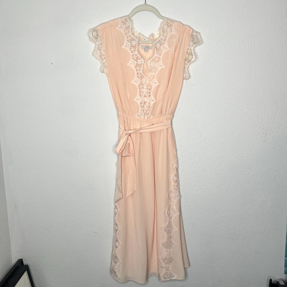 Women's JOIE Magdelen 100% Silk Peach Cream Lace Baby Pink Midi Dress Size XS - Picture 2 of 9